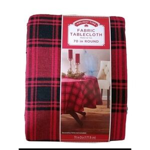 Holiday‎ Time Fabric Tablecloth Round 70" Cotton Poly. Red Black Plaid Christmas